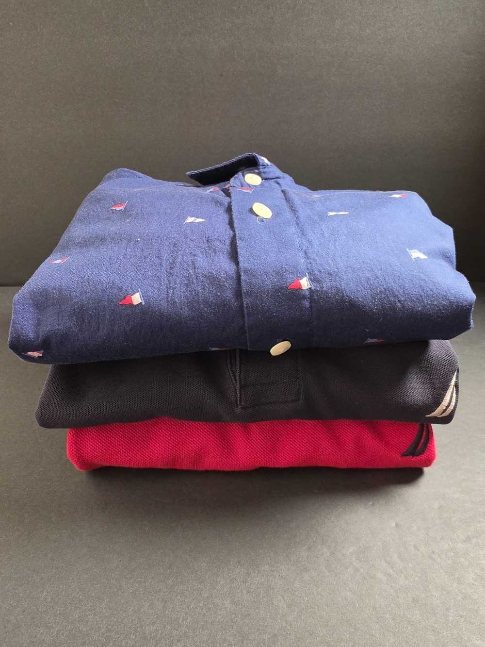 Bundle Of 3 Nautica Navy Polo with Tiny Red & White Sail Embroidery And 2 Polos